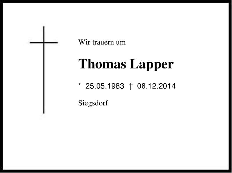  Traueranzeige für Thomas Lapper vom 12.12.2014 aus Region Chiemgau